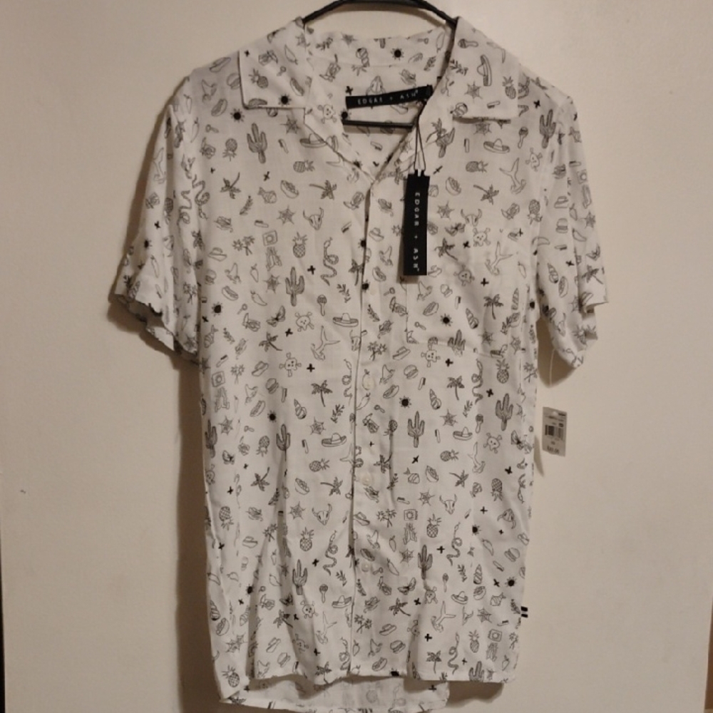 🌴 Edgar + Ash Men’s Novelty Print Button-Down Shirt – NWT 🌭🦈
